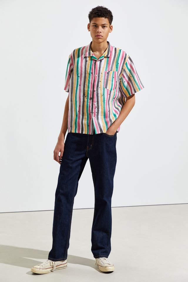 Whole Linen Painted Stripe Short Sleeve Button-Down Shirt | Urban ...