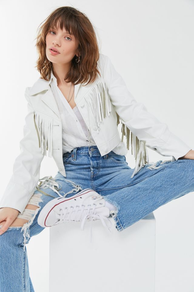 White fringe 2024 faux leather jacket