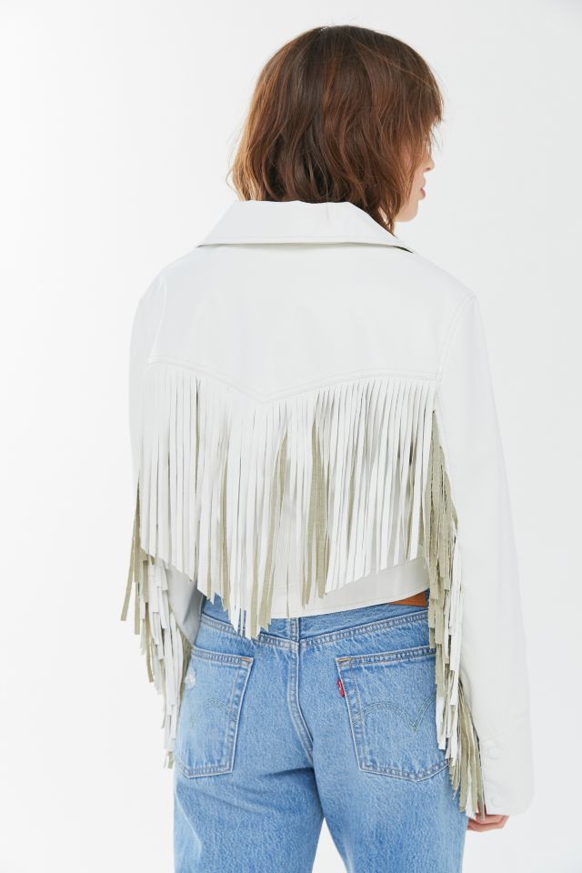 UO Mira Fringe White Faux Leather Jacket Urban Outfitters