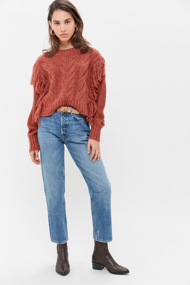 UO Faye Shimmer Fringe Cable Knit Sweater #1