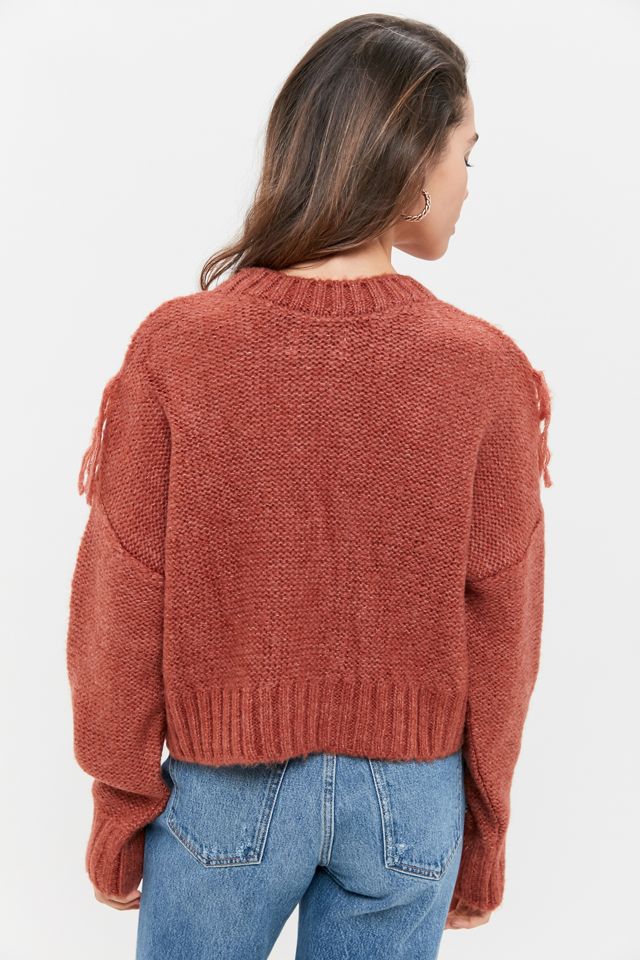 UO Faye Shimmer Fringe Cable Knit Sweater #2