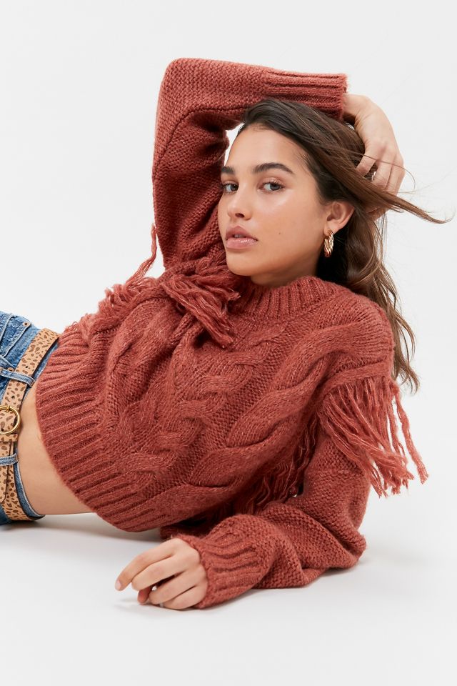UO Faye Shimmer Fringe Cable Knit Sweater #3