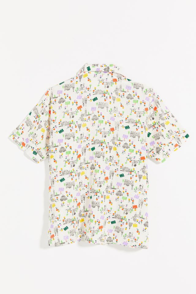 Vintage Doodle Print Short Sleeve Button-Down Shirt  #1