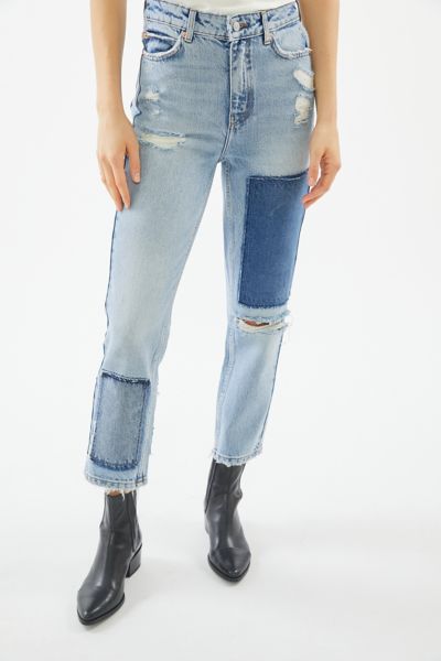 BDG High-Waisted Slim Straight Jean - Distressed Patchwork Denim ...