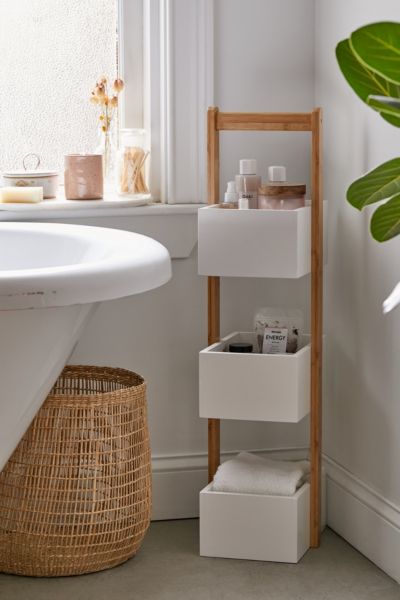 Natural Bamboo/White 3-Tier Bath Storage Caddy