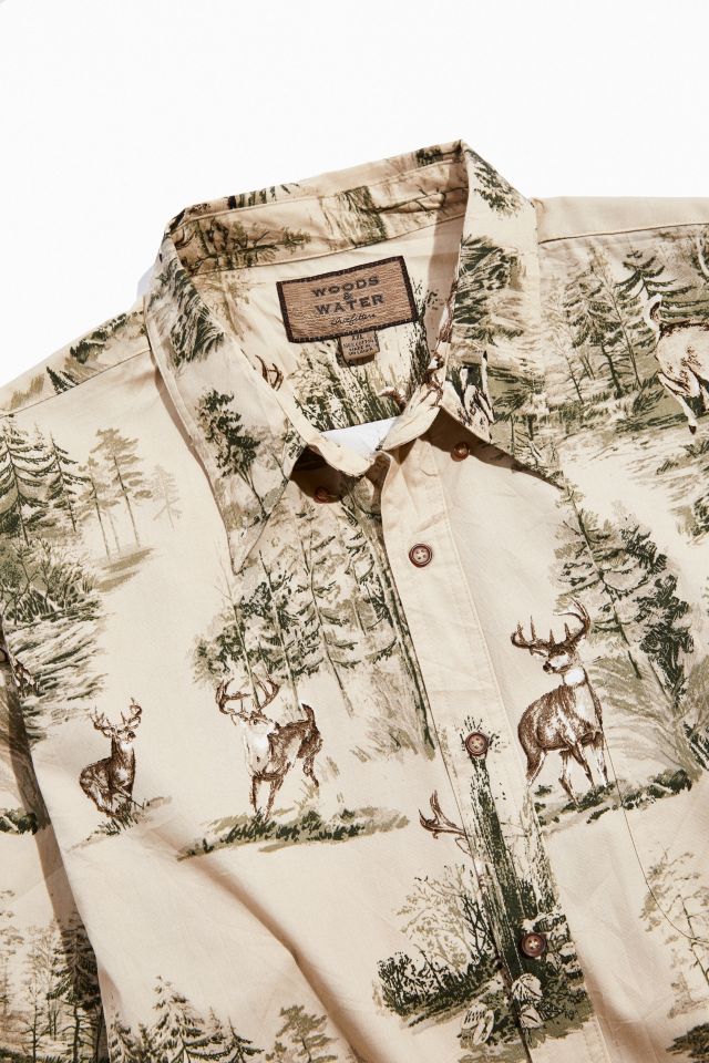 Vintage Woods And Water Deer Print Button-Down Shirt  #1