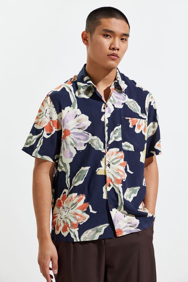 UO Painted Floral Rayon Short Sleeve Button-Down Shirt #1