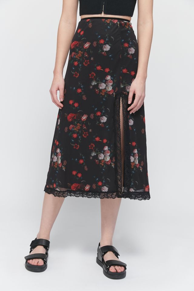 UO Floral Mesh Side-Slit Midi Skirt | Urban Outfitters