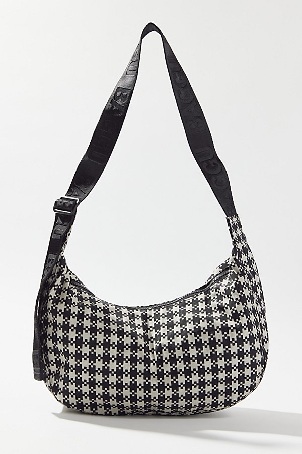 Baggu Medium Nylon Crescent Bag In Black + White Pixel Gingham