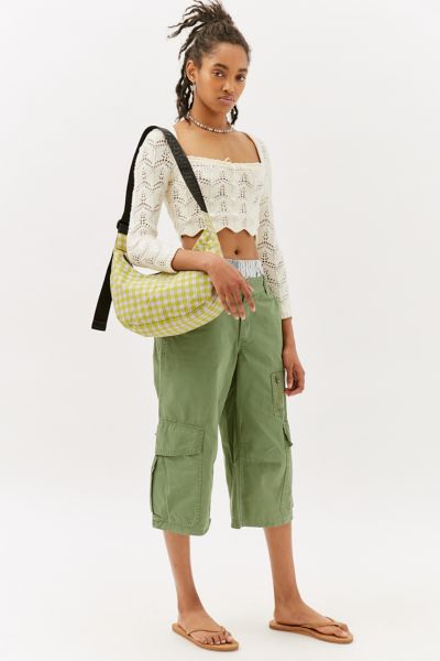 Baggu Medium Nylon Crescent Bag In Pink+ Pistachio Pixel Gingham