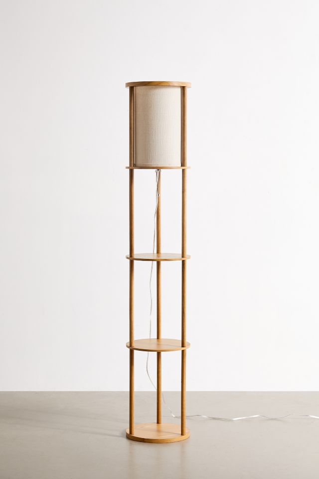 Scandinavian Modern Off-White & Natural Wood Shelf Floor Lamp
