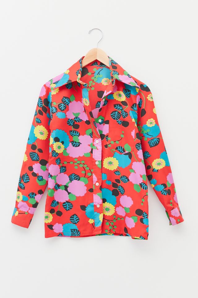 Vintage Bright Red Floral Button-Down Shirt  
