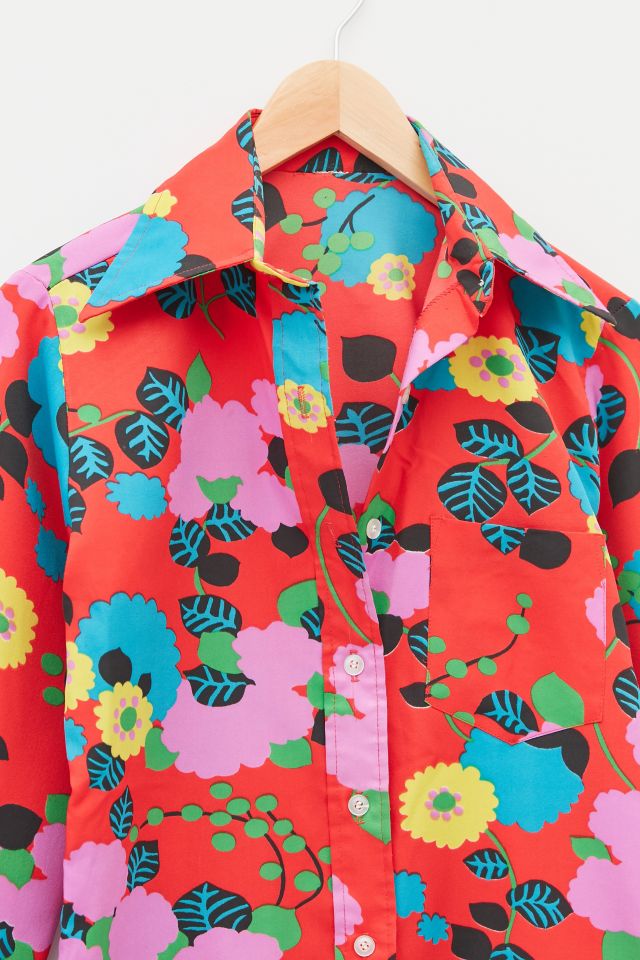 Vintage Bright Red Floral Button-Down Shirt   #1