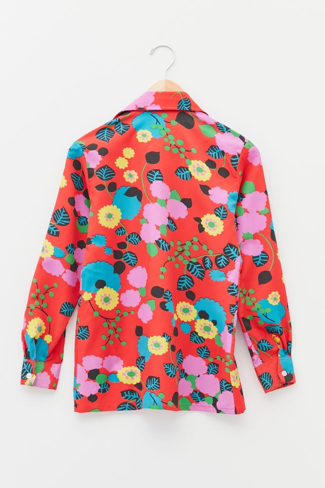 Vintage Bright Red Floral Button-Down Shirt   #2