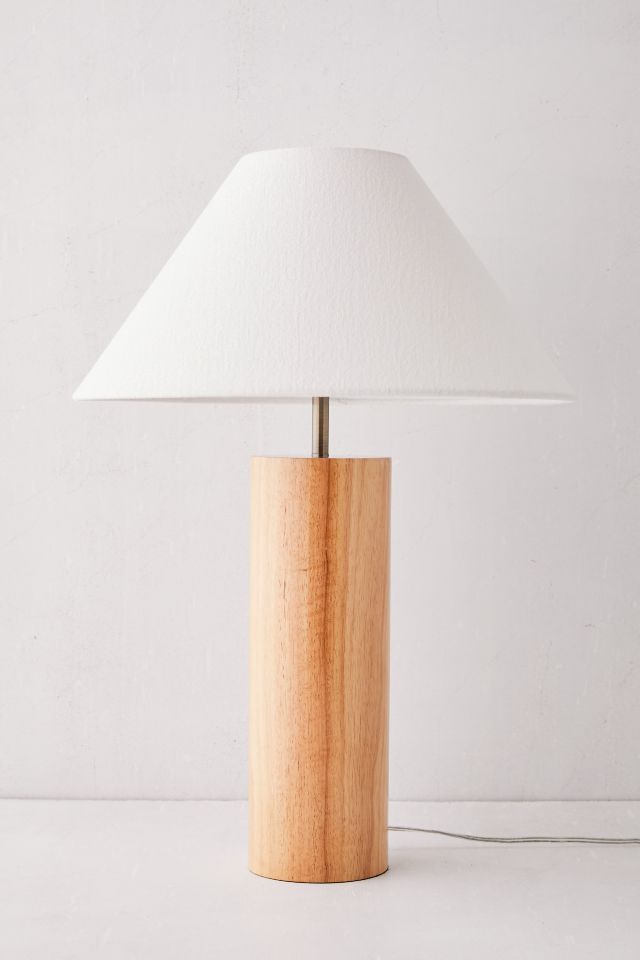 Antique Brass and Natural Oak Modern Table Lamp with White Shade