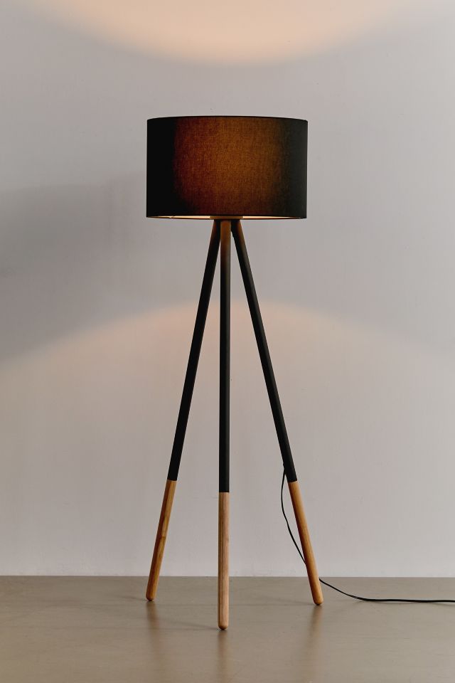 Black Metal and Wood Tripod Floor Lamp with Woven Shade