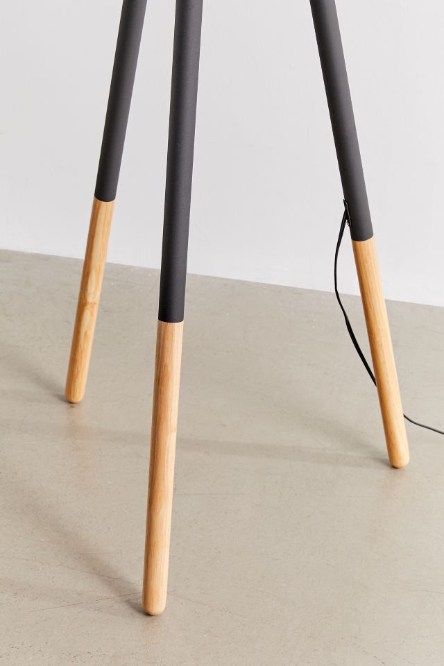 Black Metal and Wood Tripod Floor Lamp with Woven Shade