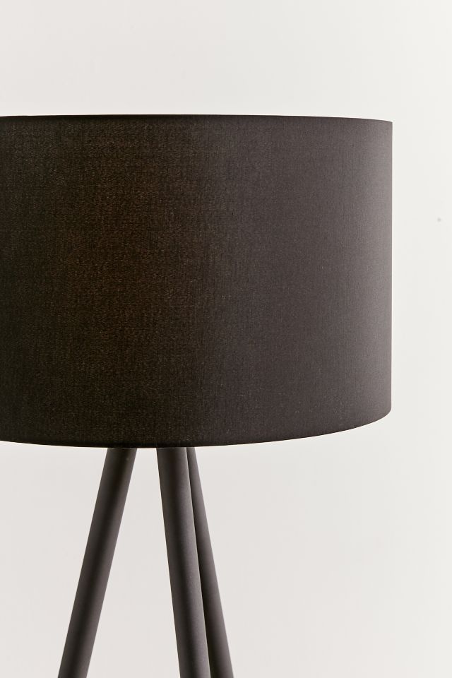 Black Metal and Wood Tripod Floor Lamp with Woven Shade