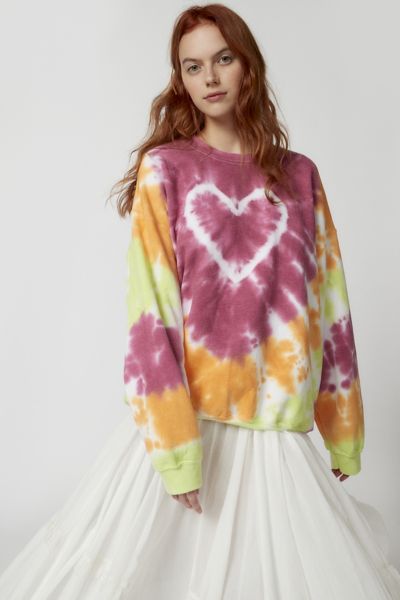Urban Renewal Remade Heart Tie Dye Crew Neck Sweatshirt In Lime, Women's At Urban Outfitters