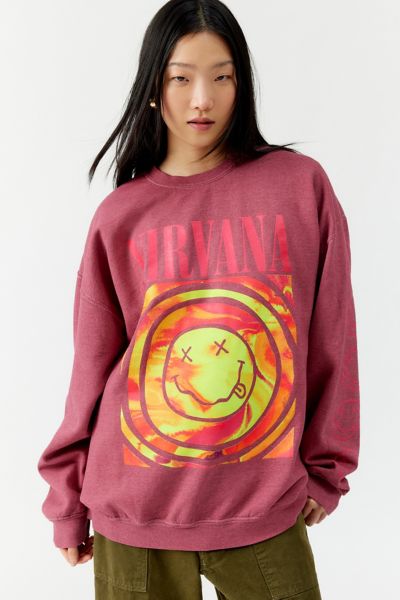 Shop Urban Outfitters Nirvana Smile Overdyed Crew Neck Sweatshirt In Maroon, Women's At