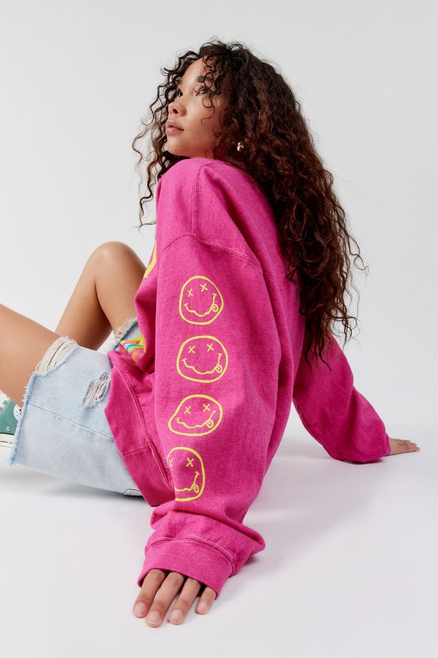 Urban Outfitters Women's X Nirvana Smiley Face Overdyed Crew Neck Sweatshirt  (Large/X-Large, Pink/Rose) 