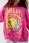 Urban Outfitters Women's X Nirvana Smiley Face Overdyed Crew Neck Sweatshirt  (Large/X-Large, Pink/Rose) 