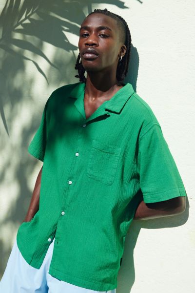 Shop Standard Cloth Liam Crinkle Shirt Top In Green, Men's At Urban Outfitters