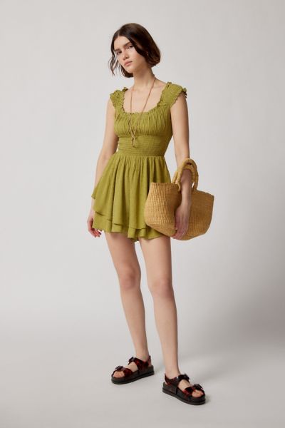 Urban Outfitters Uo Rosie Smocked Tiered Ruffle Romper In Green