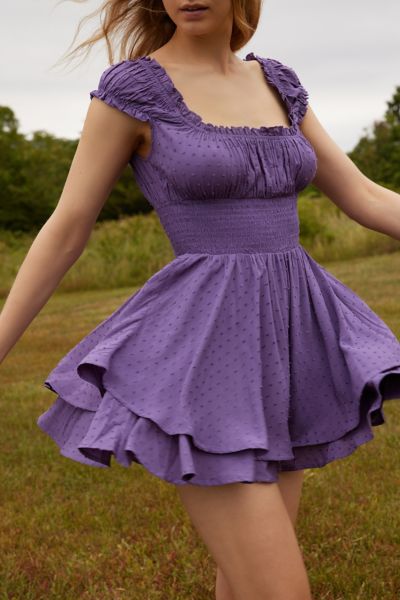 Urban Outfitters Uo Rosie Smocked Tiered Ruffle Romper In Purple