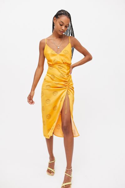 UO Ruched Satin Slip Midi Dress