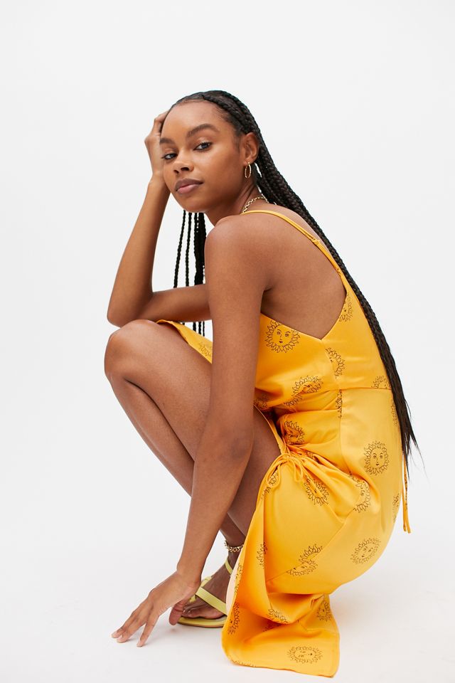 ruched satin slip midi dress Gracie Butter Yellow Ruched Satin Midi Dress M / 6-8