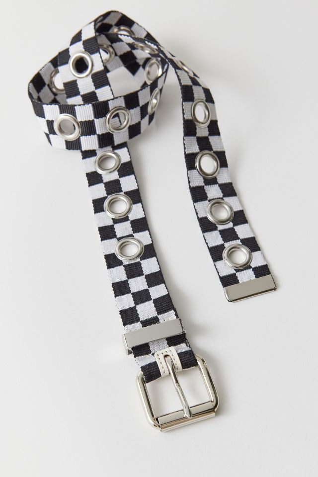 Black & White Grid Plaid Pants With Grommet Belt