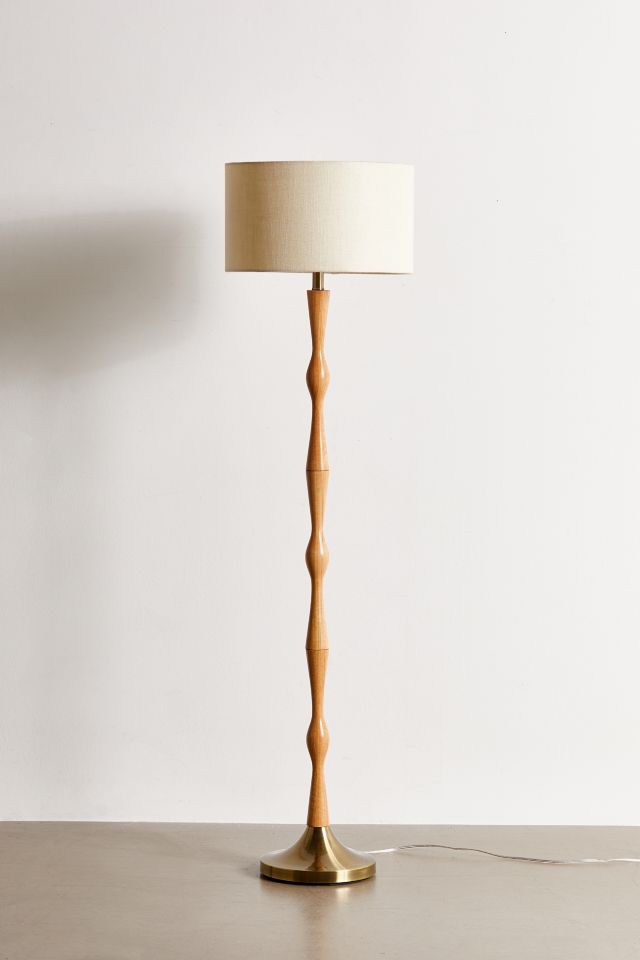 Antique Brass & Natural Oak Off-White Shade Modern Bohemian Floor Lamp