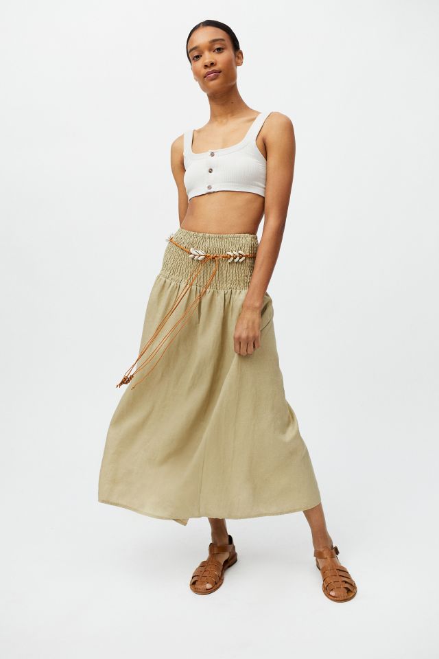 Little Lies Artie Shirred Linen Midi Skirt | Urban Outfitters