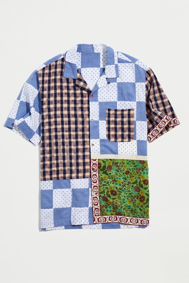 【新品】 Embroidery Patchwork Shirts Urban Renewal Remnants Upcycled Spliced Patchwork Shirt