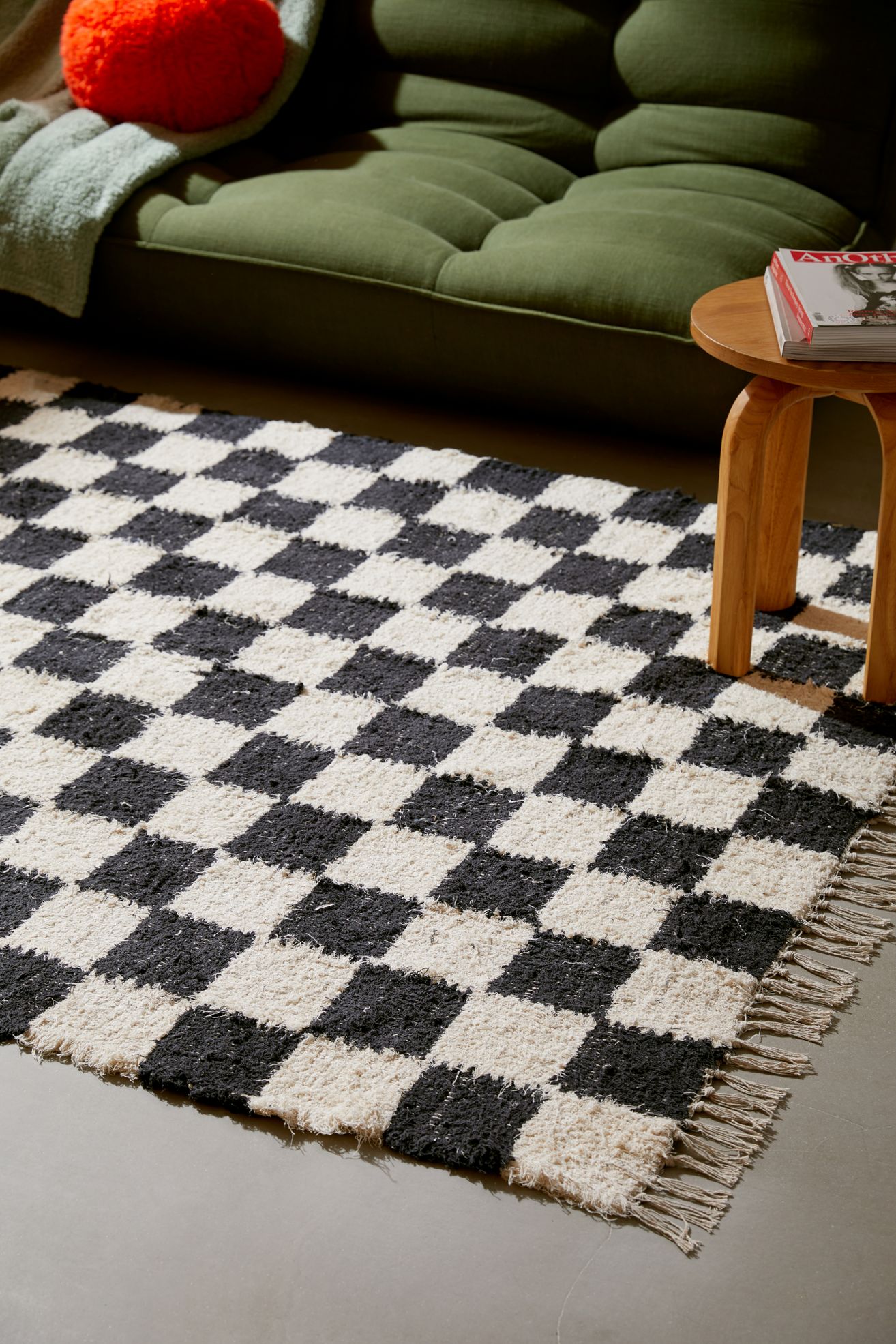 Checkerboard Woven Shag Rag Rug - Black + White, Regular, 5X7