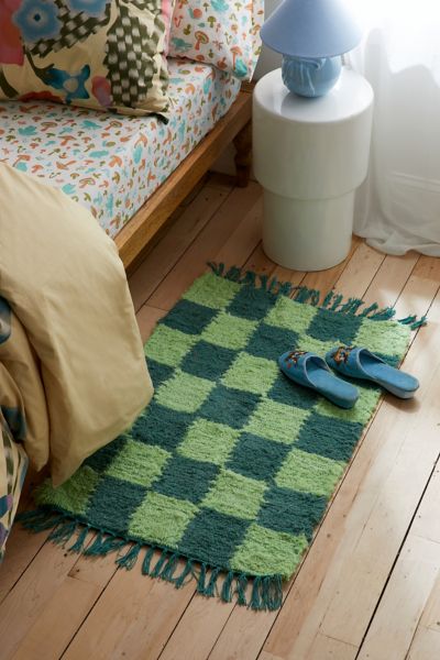 Shop Urban Outfitters Checkerboard Woven Shag Rag Rug In Light Green At
