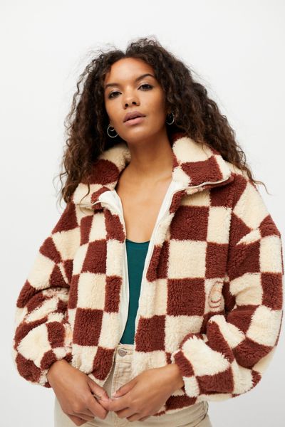 Urban Outfitters Uo Checkerboard Sherpa Fleece Jacket In Brown Multi ...