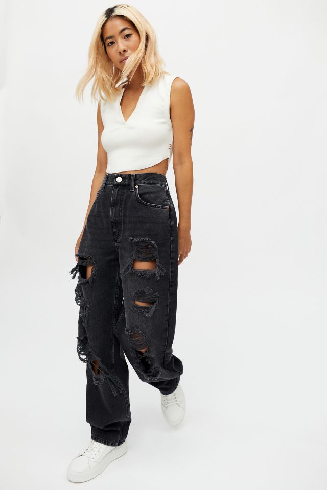 BDG Petite High-Waisted Baggy Jean – Destroyed Black Denim