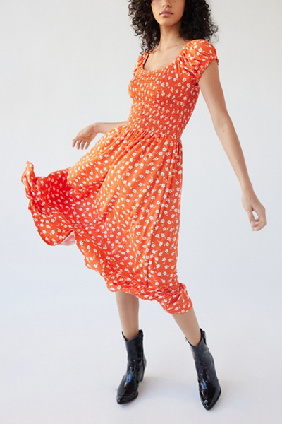 Urban Outfitters Uo Tessie Smocked Puff Sleeve Midi Dress In Red | ModeSens