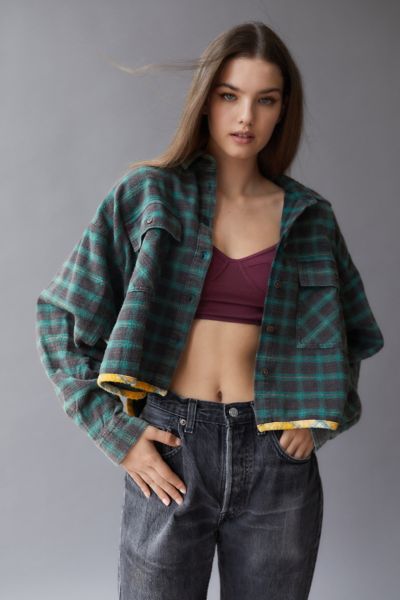 Bdg Caleb Cropped Flannel Shirt In Green Multi