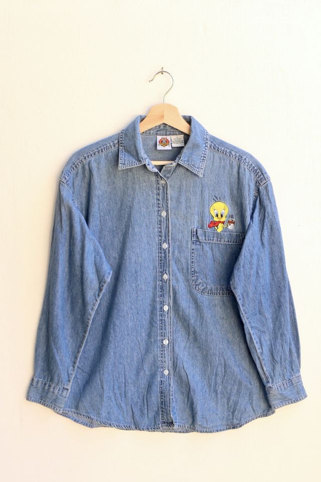 トップス Bowling Shirt - Bird Embroidery Denim Bowling Shirt - Bird Embroidery Denim Bowling Shirt - Bird