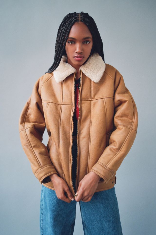 BDG Urban Outfitters + UO Faux Shearling Beige Longline Coat