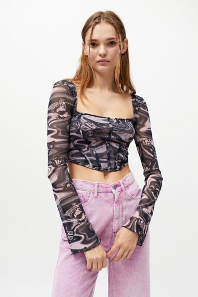 Urban Outfitters Uo Persephone Mesh Corset Top In Black Multi