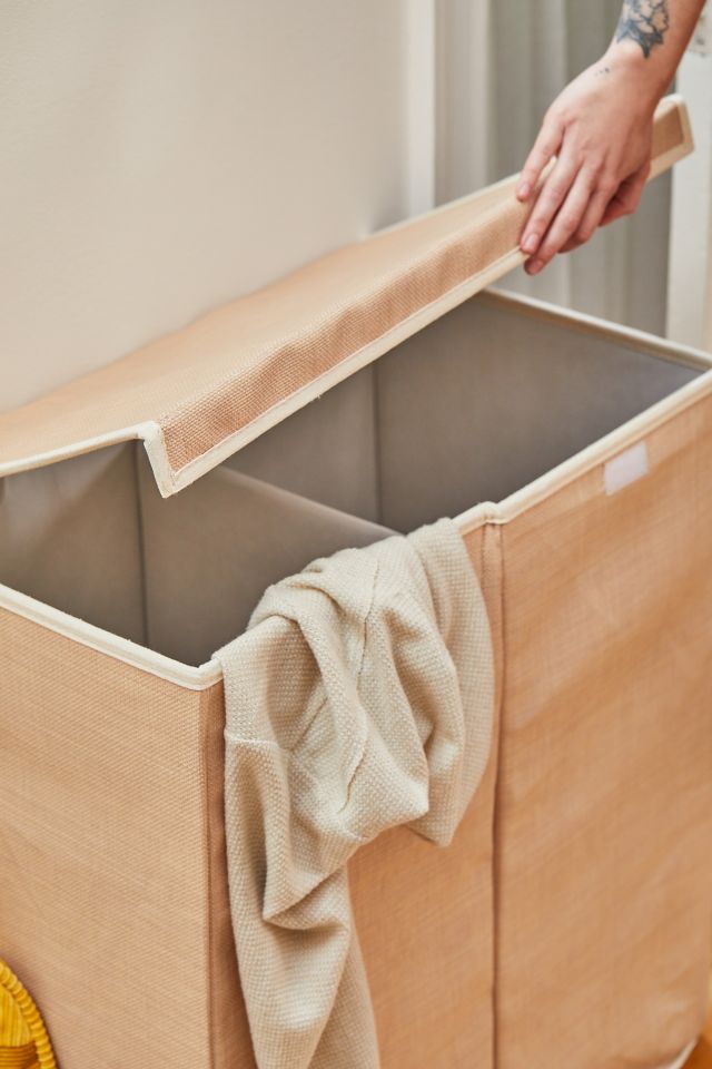 Beige Collapsible Dual Compartment Laundry Hamper with Lid
