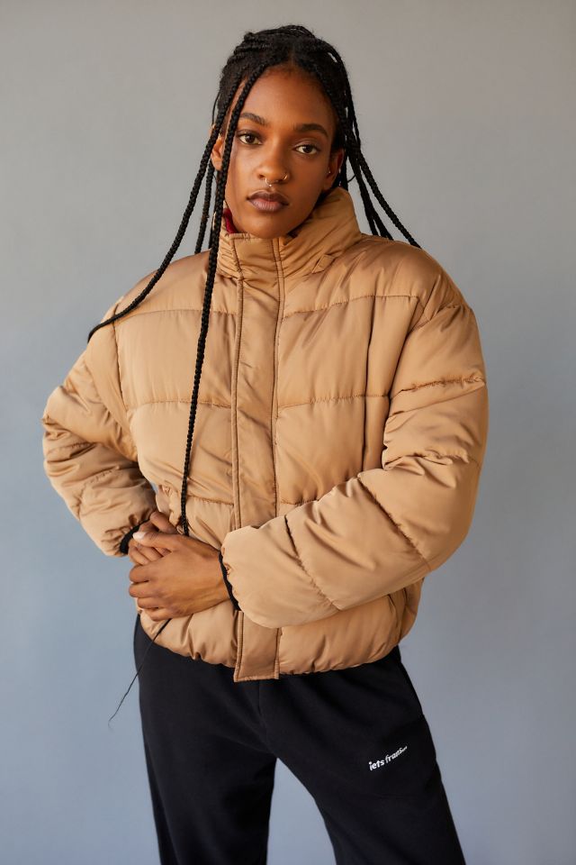 Urban outfitters pink puffer jacket sale