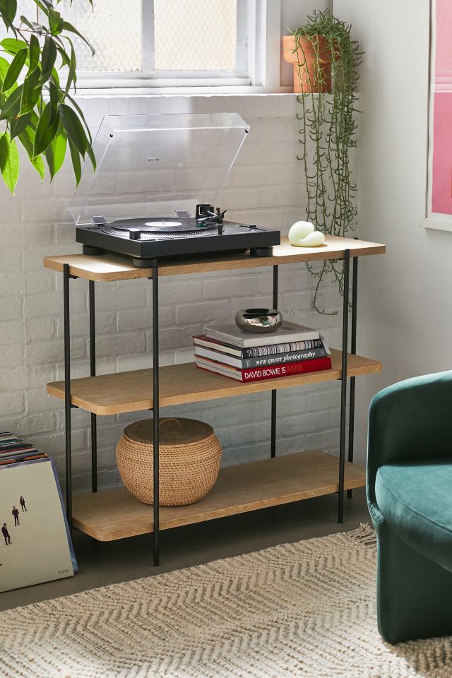 Beige Wood and Black Metal 2-Shelf Console Table