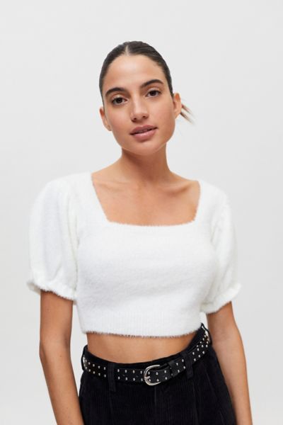 UO Nadia Ivory Cropped Short Sleeve Sweater