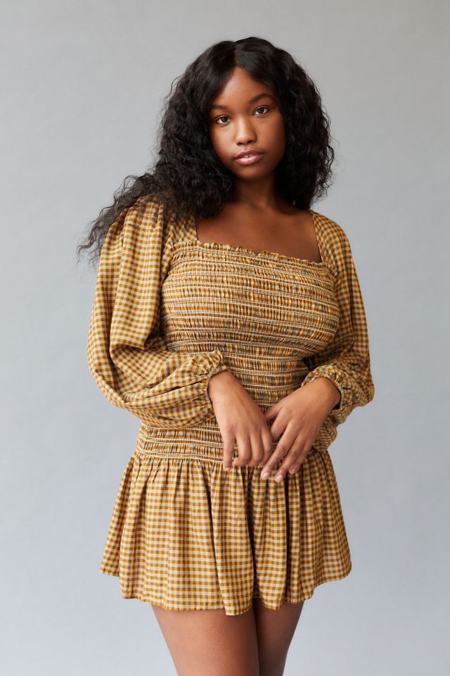 UO Francis Smocked Long Sleeve Mini Dress Urban Outfitters