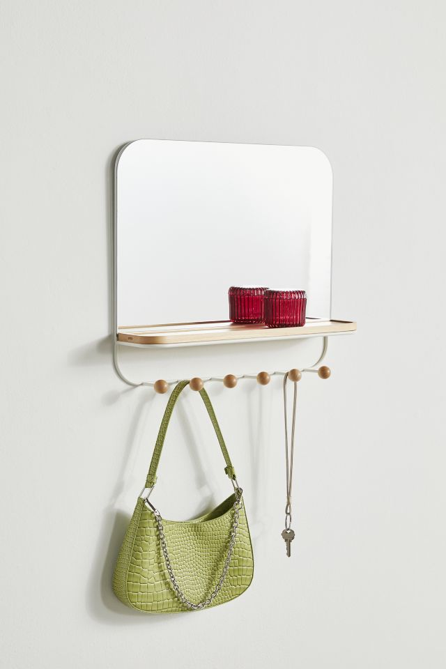 White Wood Rectangular Mirror with Hooks and Tray